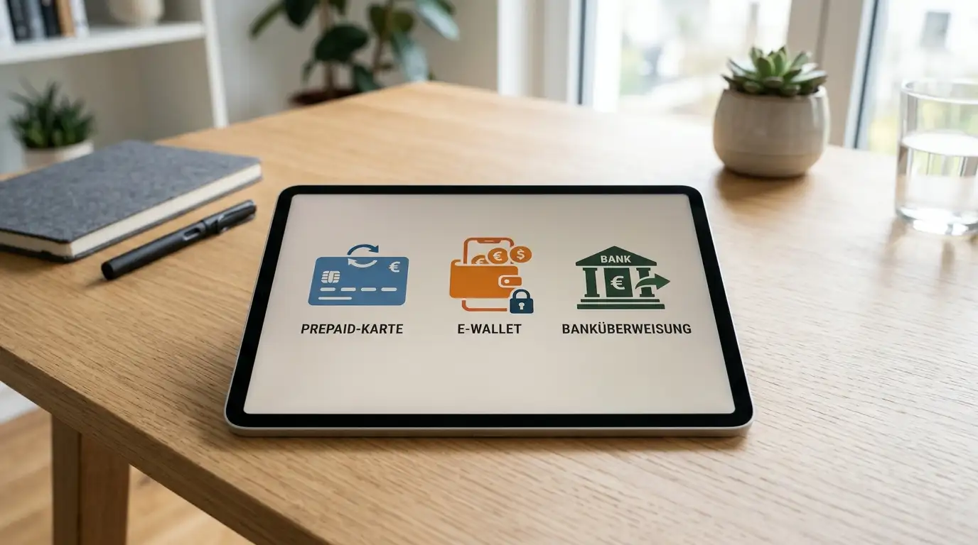 Drei Zahlungsmethoden-Logos nebeneinander auf Tablet