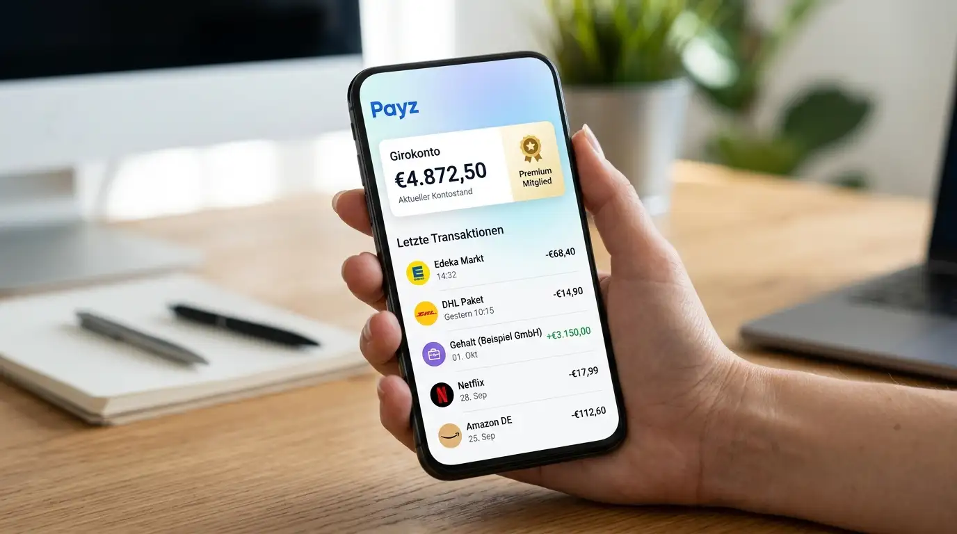 Smartphone zeigt Payz-App-Dashboard mit Kontostand und Transaktionshistorie