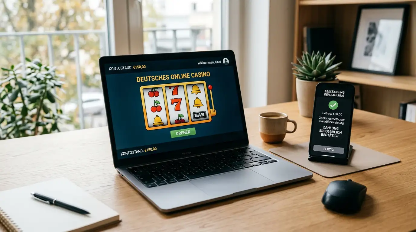 Laptop zeigt generisches Casino-Interface mit Zahlungsbestätigung auf Smartphone daneben