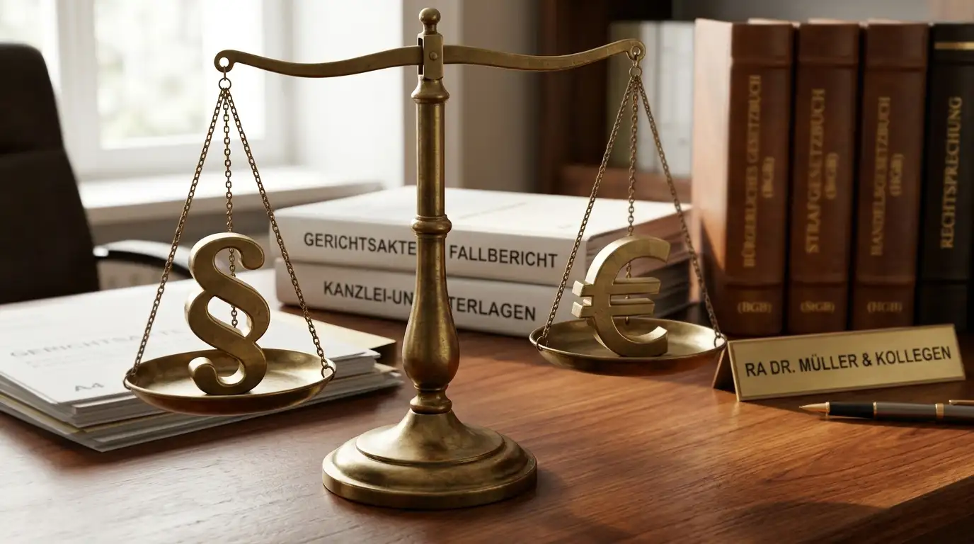 Waage mit Paragraphenzeichen und Eurozeichen symbolisiert rechtliche Abwägung