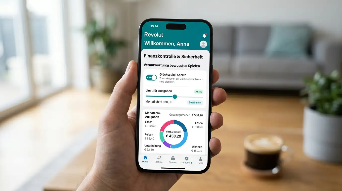 Revolut-App mit Gambling-Block-Funktion und Ausgabenstatistik