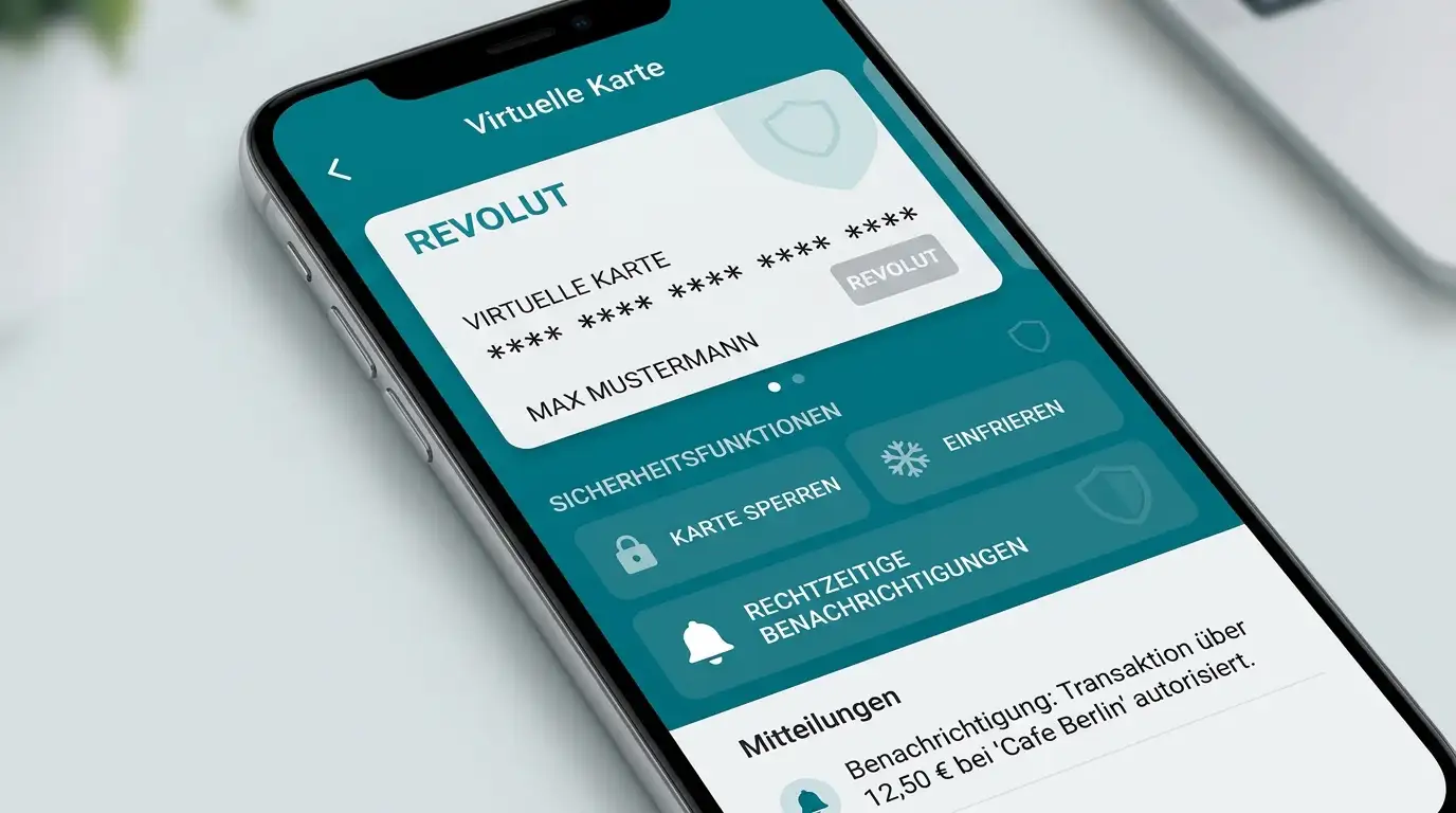 Virtuelle Revolut-Karte mit Sicherheitsicons auf Smartphone-Display