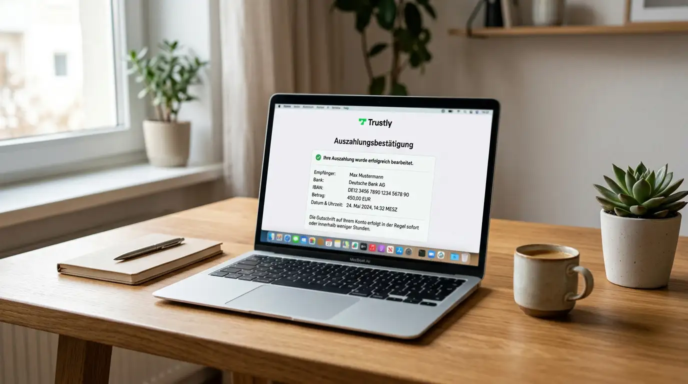 Laptop mit Trustly-Auszahlung und Zeitstempel binnen Stunden