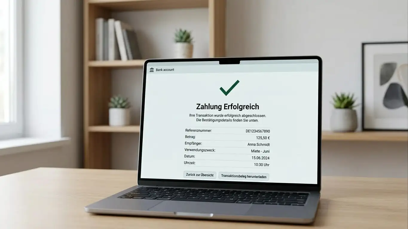 Laptop-Bildschirm mit erfolgreicher Transaktionsbestätigung