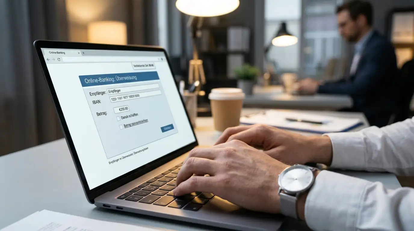 Hände auf Laptop-Tastatur bei Online-Banking-Transaktion