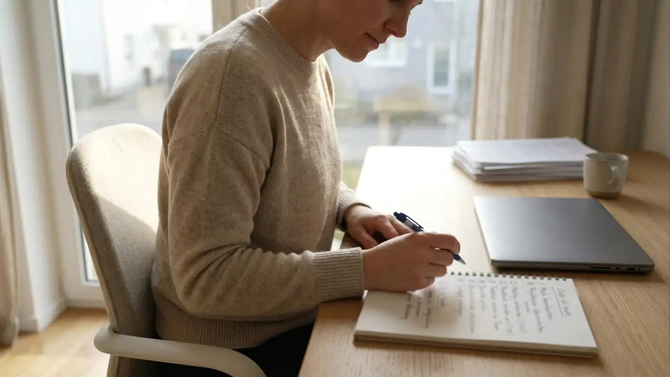 Person am Schreibtisch beim Durchgehen einer handschriftlichen Prüfliste zu Anbieterkriterien