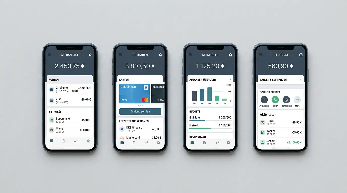 Vier Smartphones nebeneinander mit verschiedenen digitalen Wallet-Oberflächen
