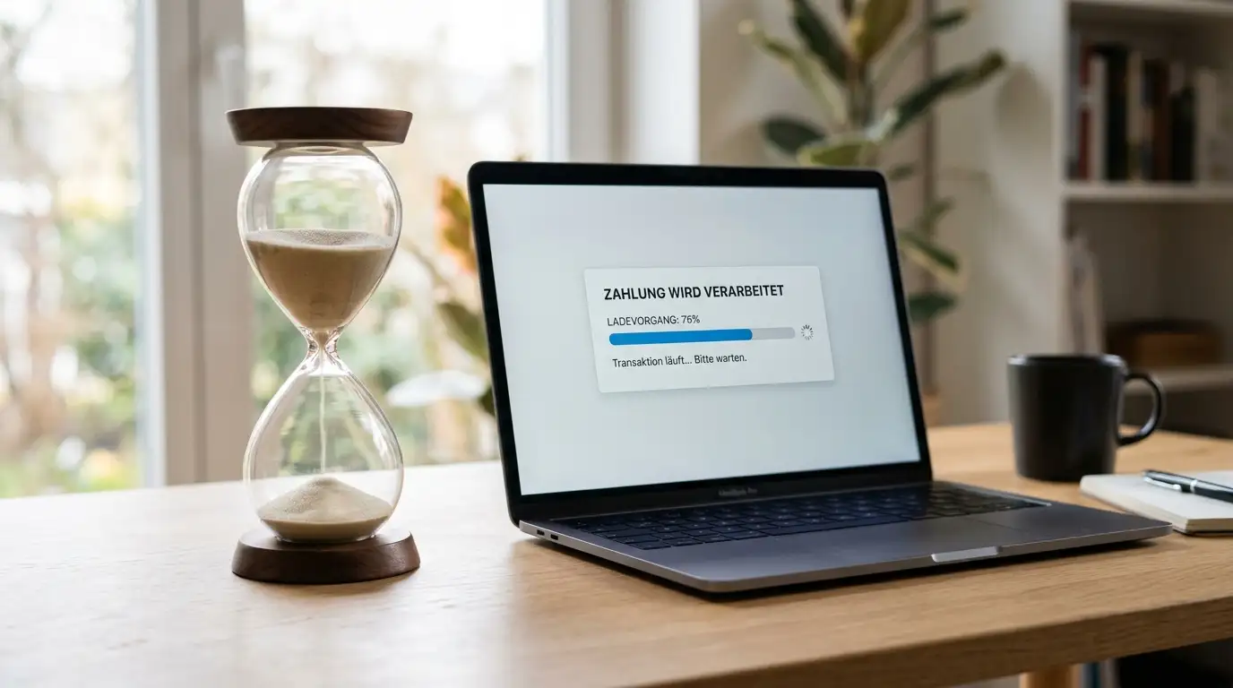 Sanduhr neben einem Laptop mit Fortschrittsbalken einer Transaktion