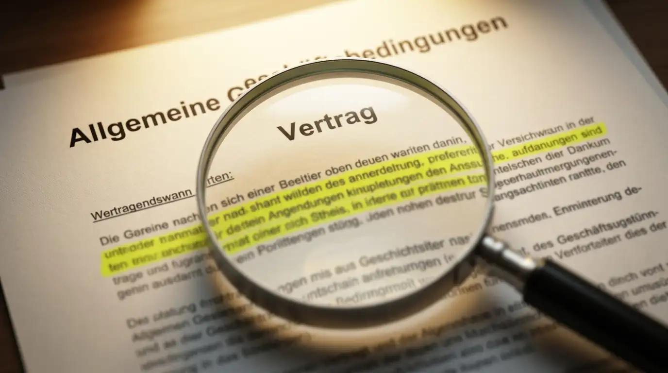 Vergrößerungsglas über einem Vertragsdokument mit hervorgehobenen Bonusbedingungen