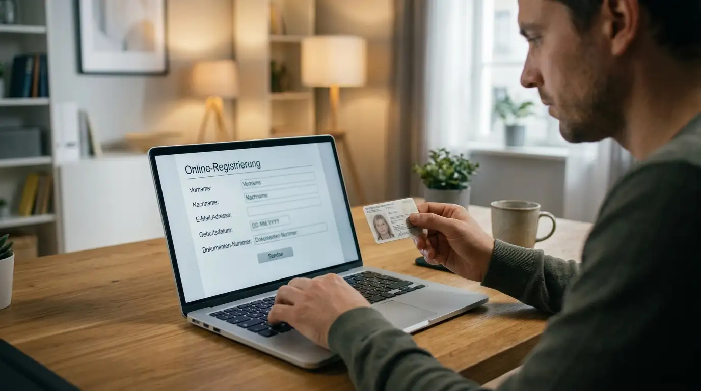 Person am Schreibtisch füllt Skrill-Registrierungsformular auf Laptop aus