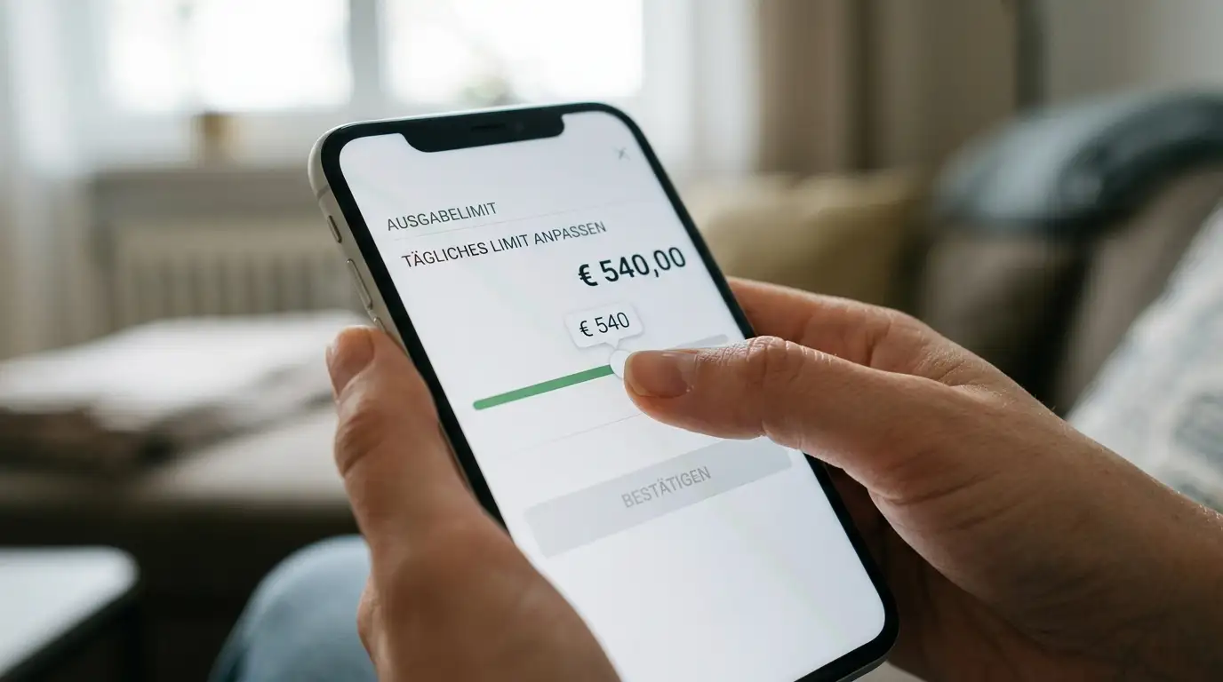 Hand stellt ein Ausgabenlimit in einer Wallet-App auf einem Smartphone ein