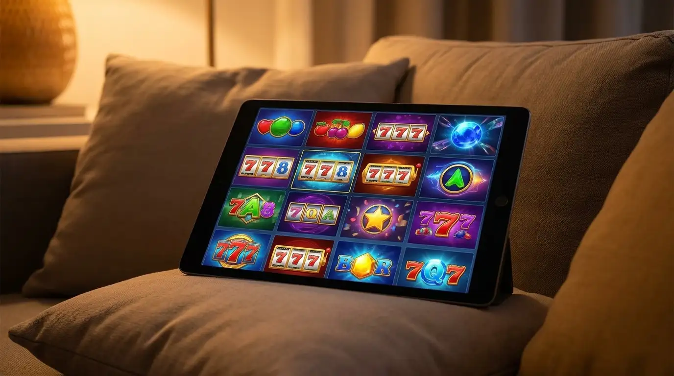 Tablet mit Auswahl an Slot-Automaten in gemütlichem Wohnraum