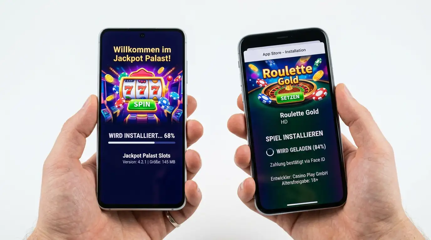 Zwei Smartphones nebeneinander zeigen App-Installation auf Android und iOS