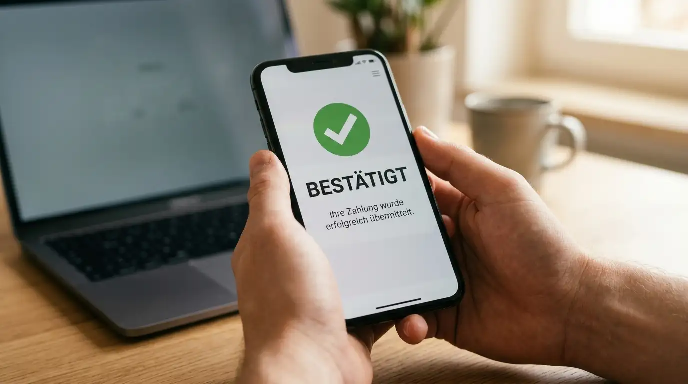 Bestätigung einer Sofort-Einzahlung per Banking-App auf dem Smartphone