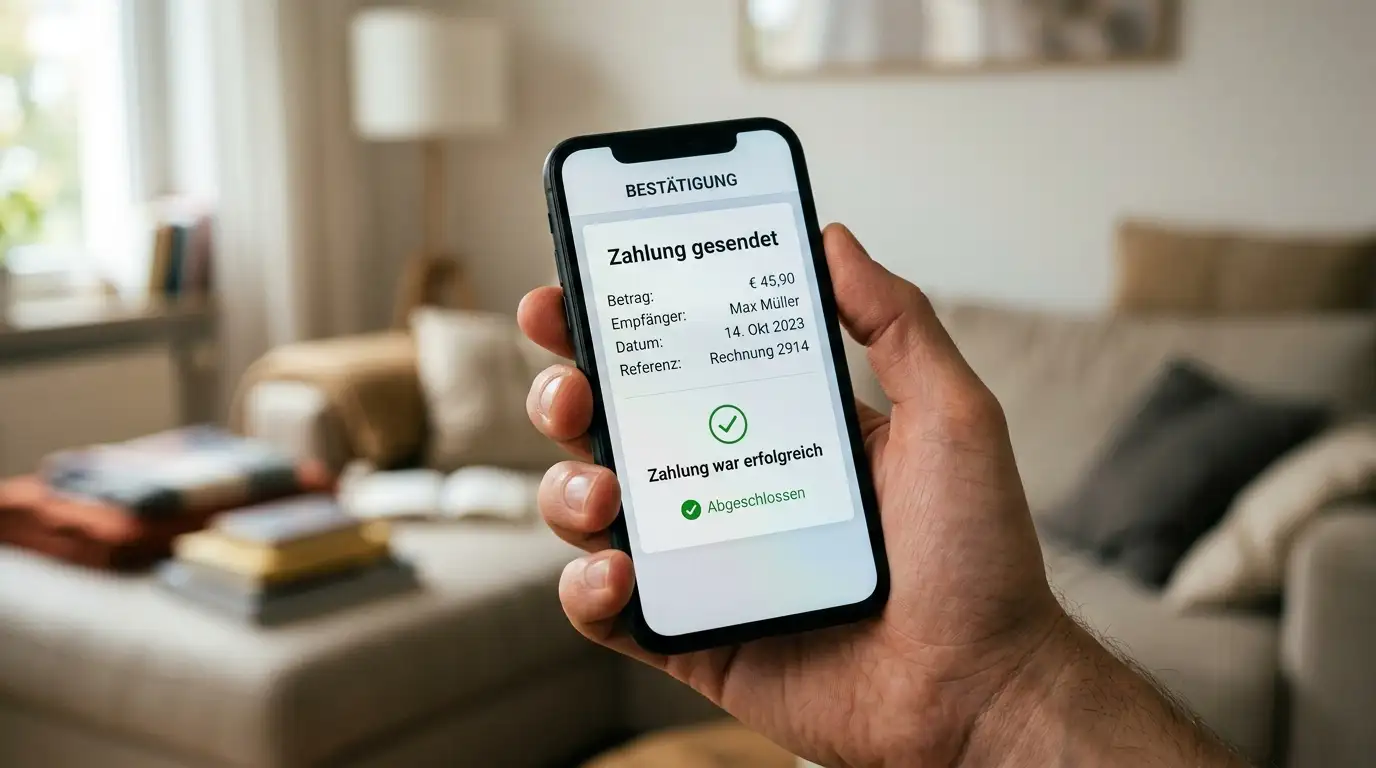Smartphone mit geöffneter Banking-App und Bestätigungsdialog für eine Überweisung