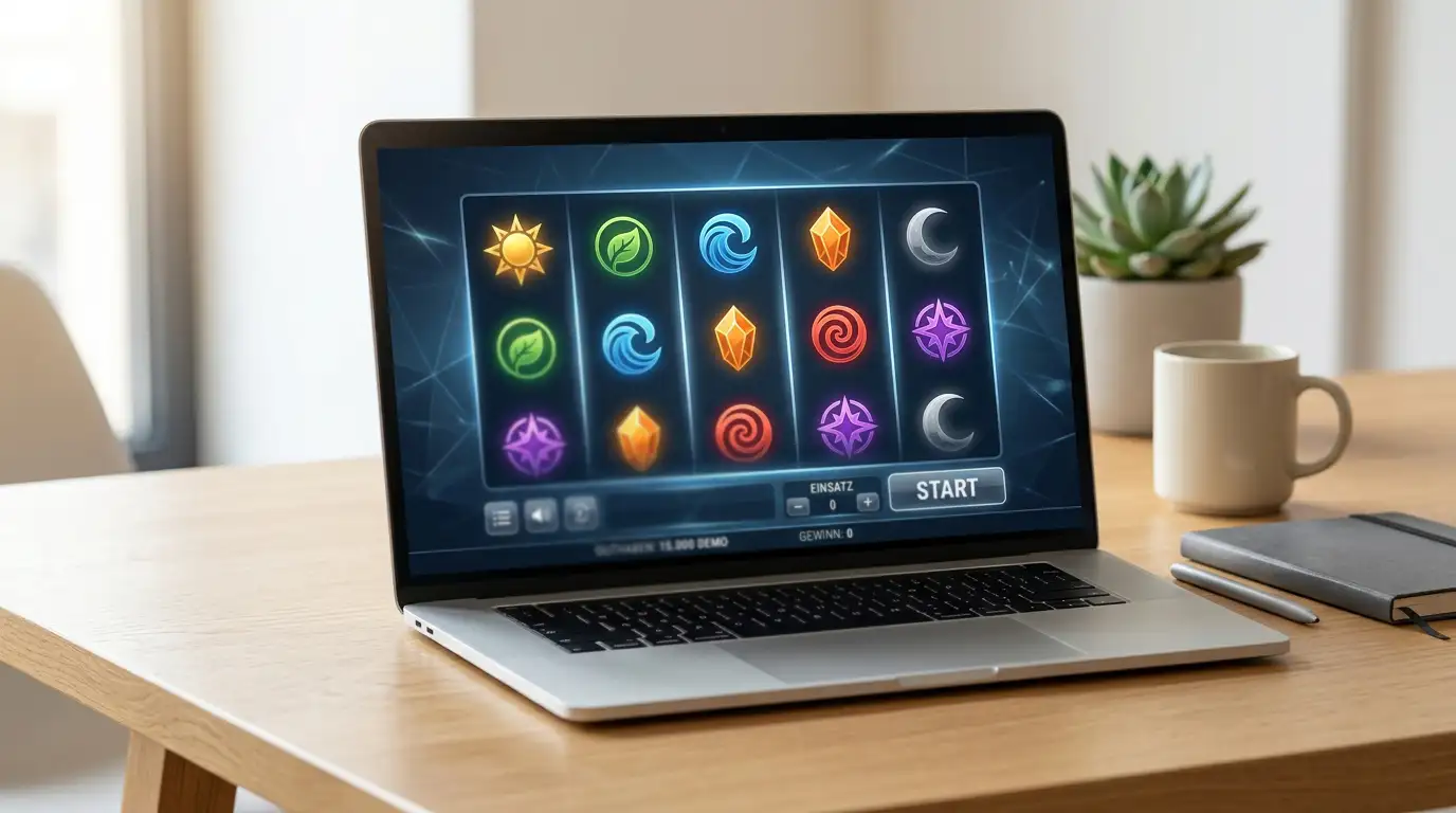 Demoversion eines Spielautomaten mit virtuellem Spielgeld auf einem Laptop