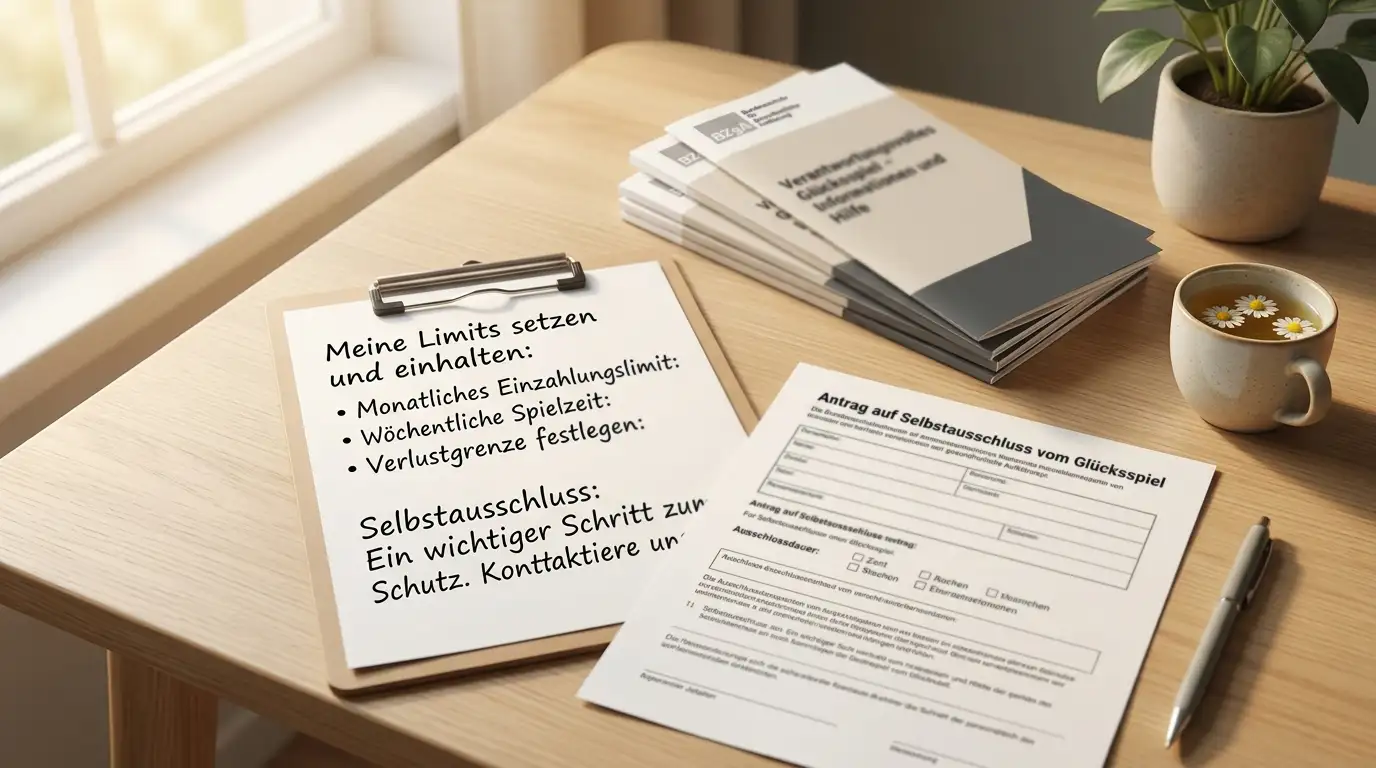 BZgA-Informationsbroschüren und handschriftliche Notizen zu Selbstlimits auf Schreibtisch