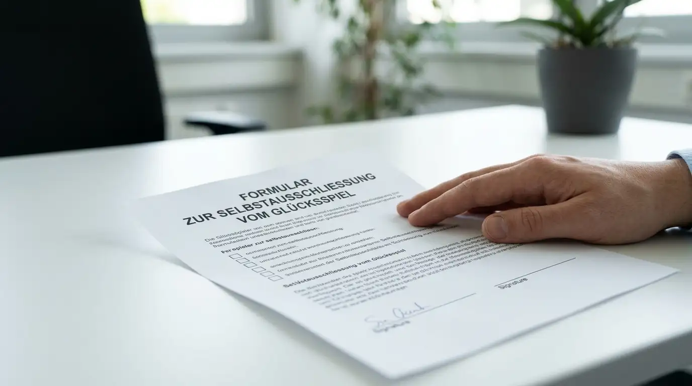 Selbstausschluss-Formular mit unterstützender Geste auf Schreibtisch