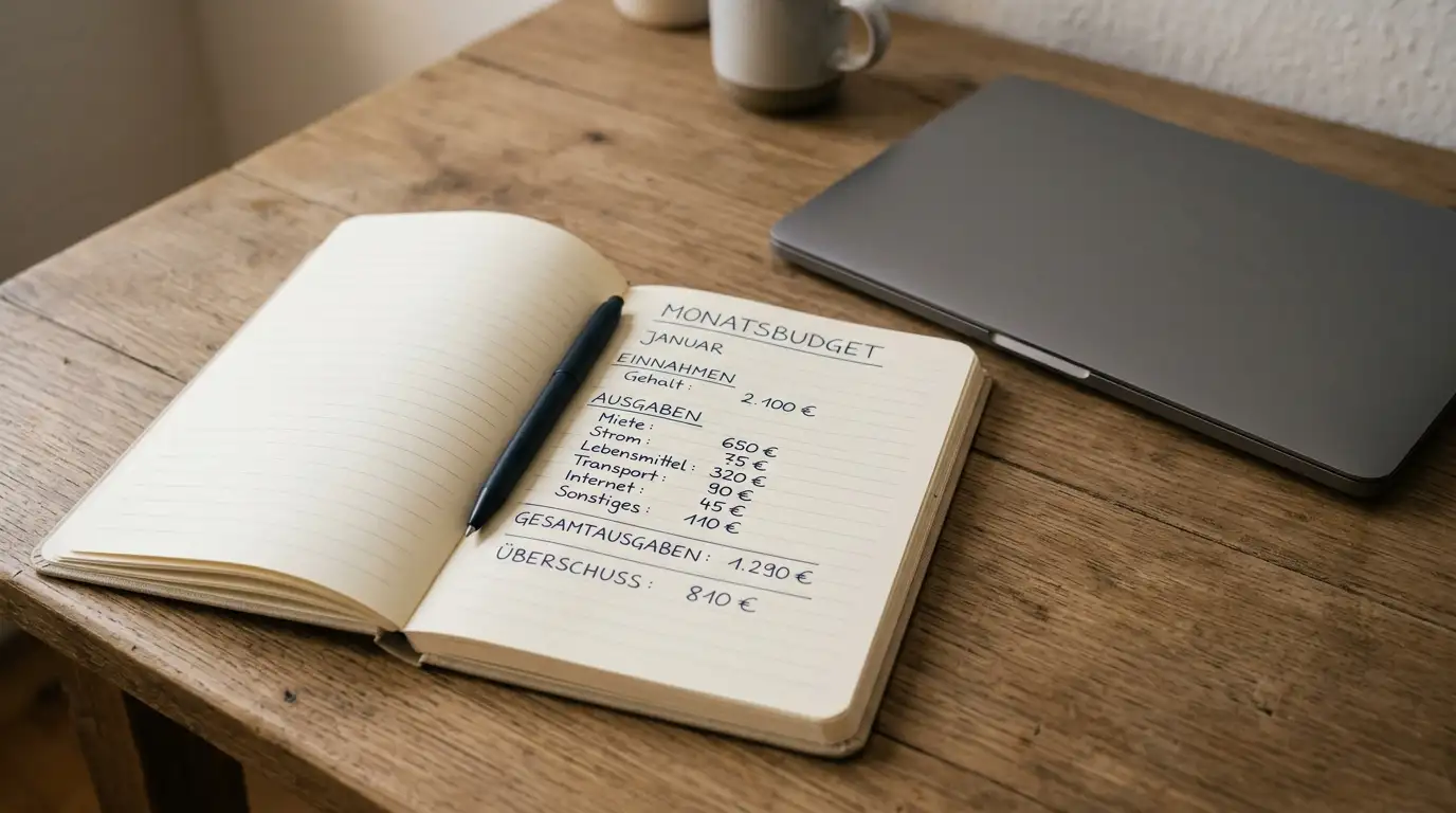 Notizbuch mit handschriftlich notiertem Monatslimit neben einem Laptop