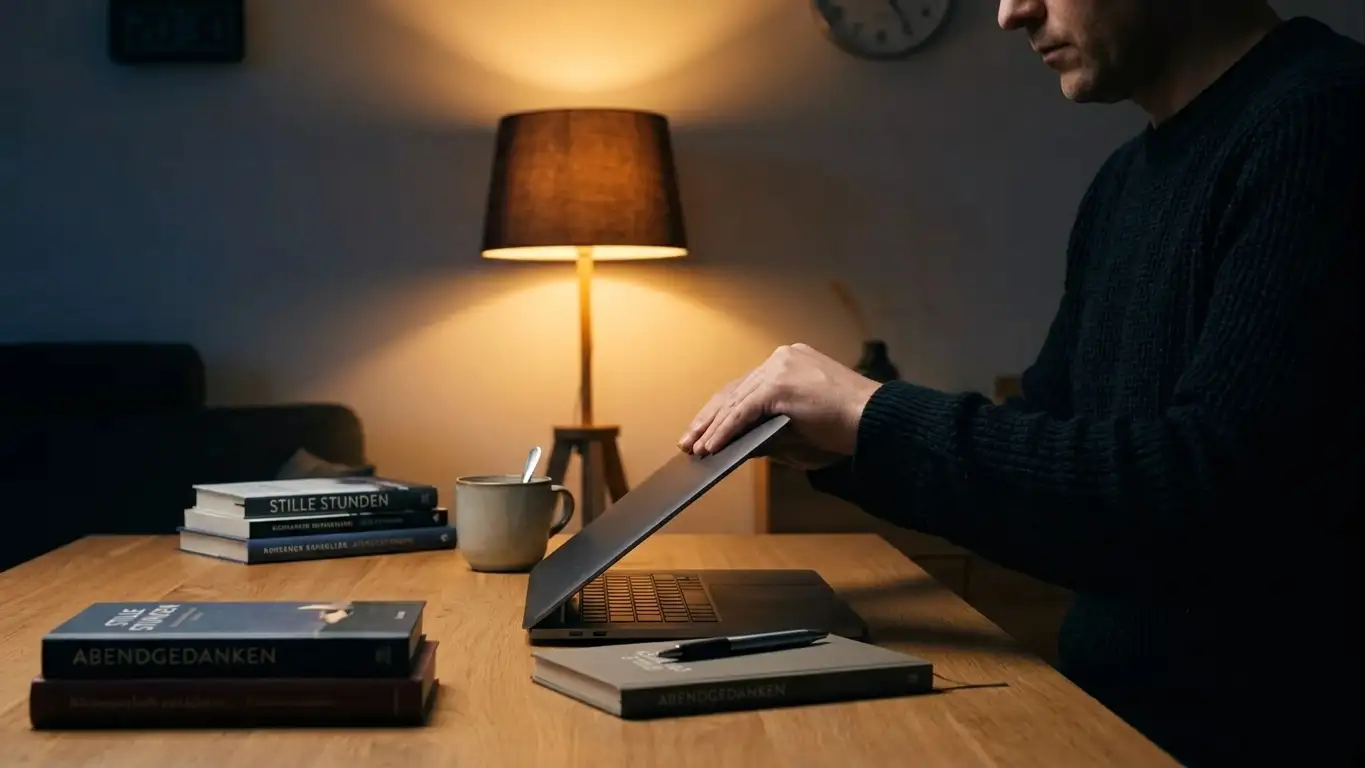 Person schließt am Abend den Laptop an einem aufgeräumten Tisch