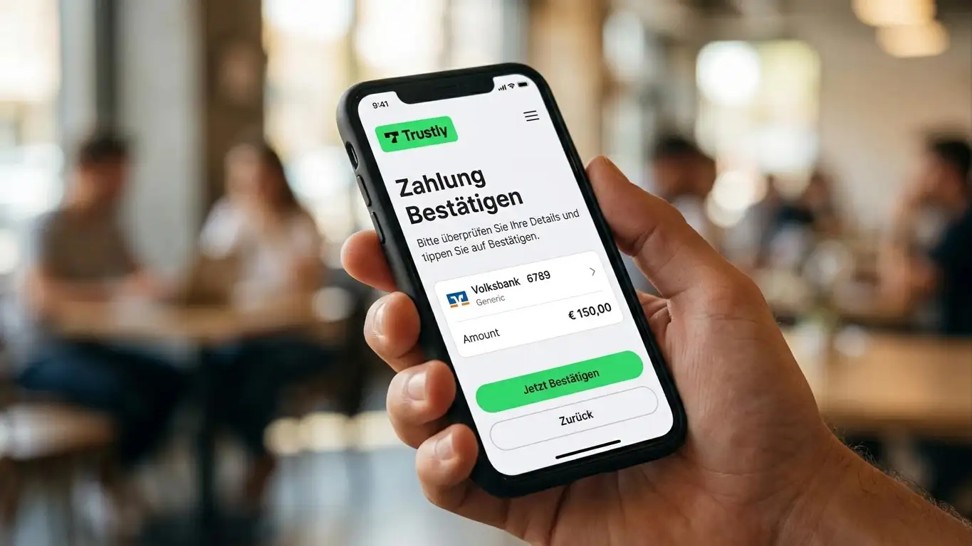Smartphone mit Trustly-Zahlungsbestätigung und Bankkonto-Schnittstelle