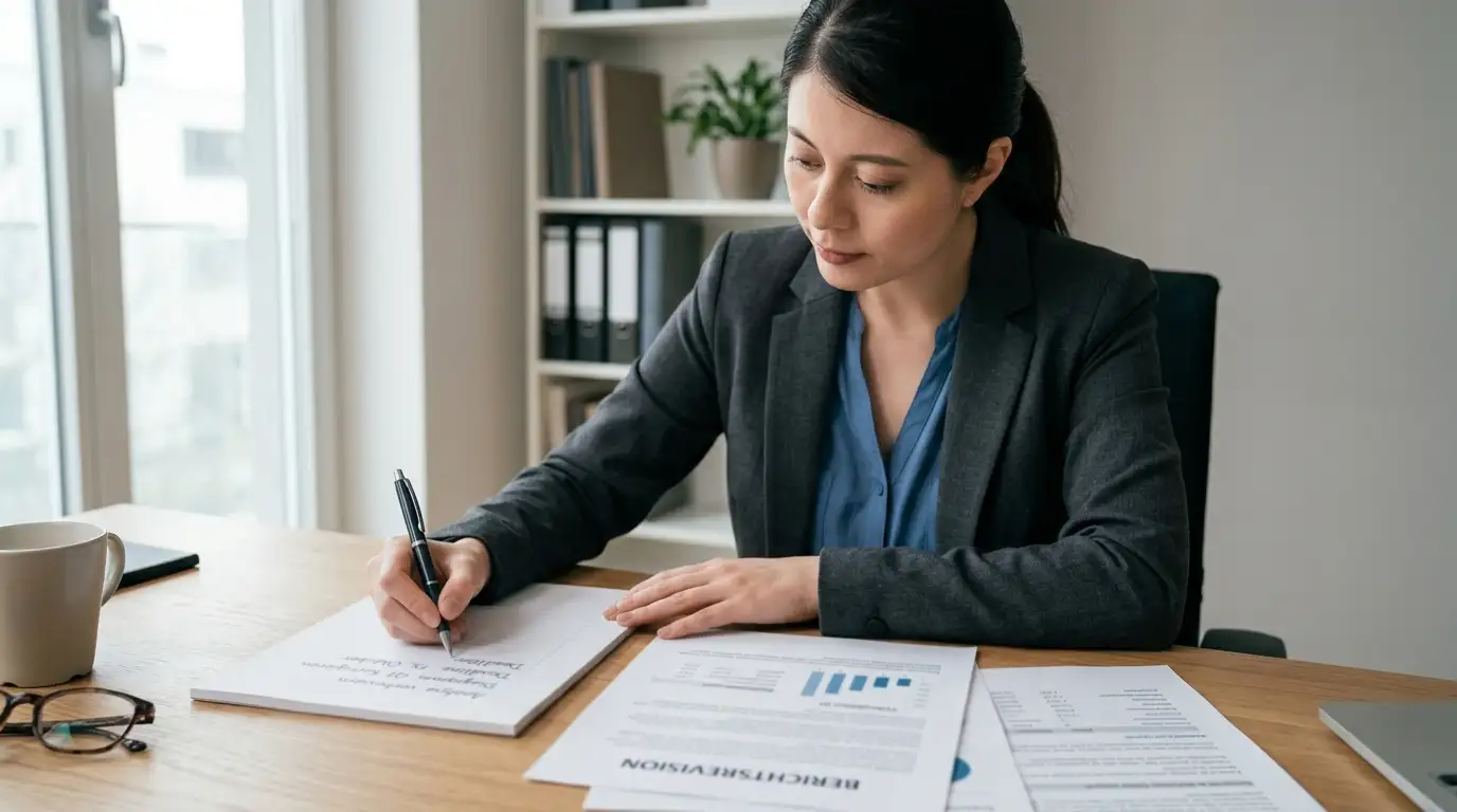 Person macht Notizen mit Stift auf Papier neben Taschenrechner und Dokumenten