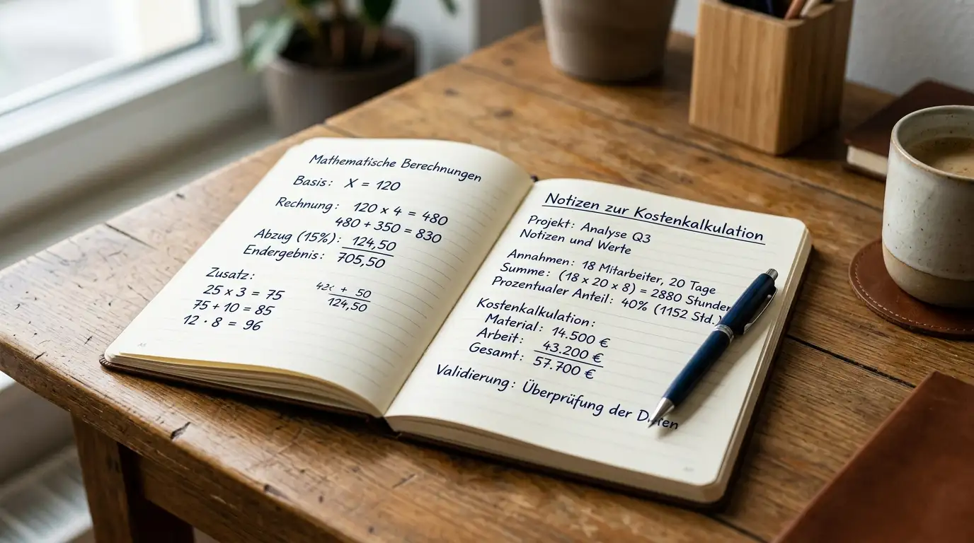 Notizbuch mit handgeschriebenen Berechnungen und Stift auf Holztisch