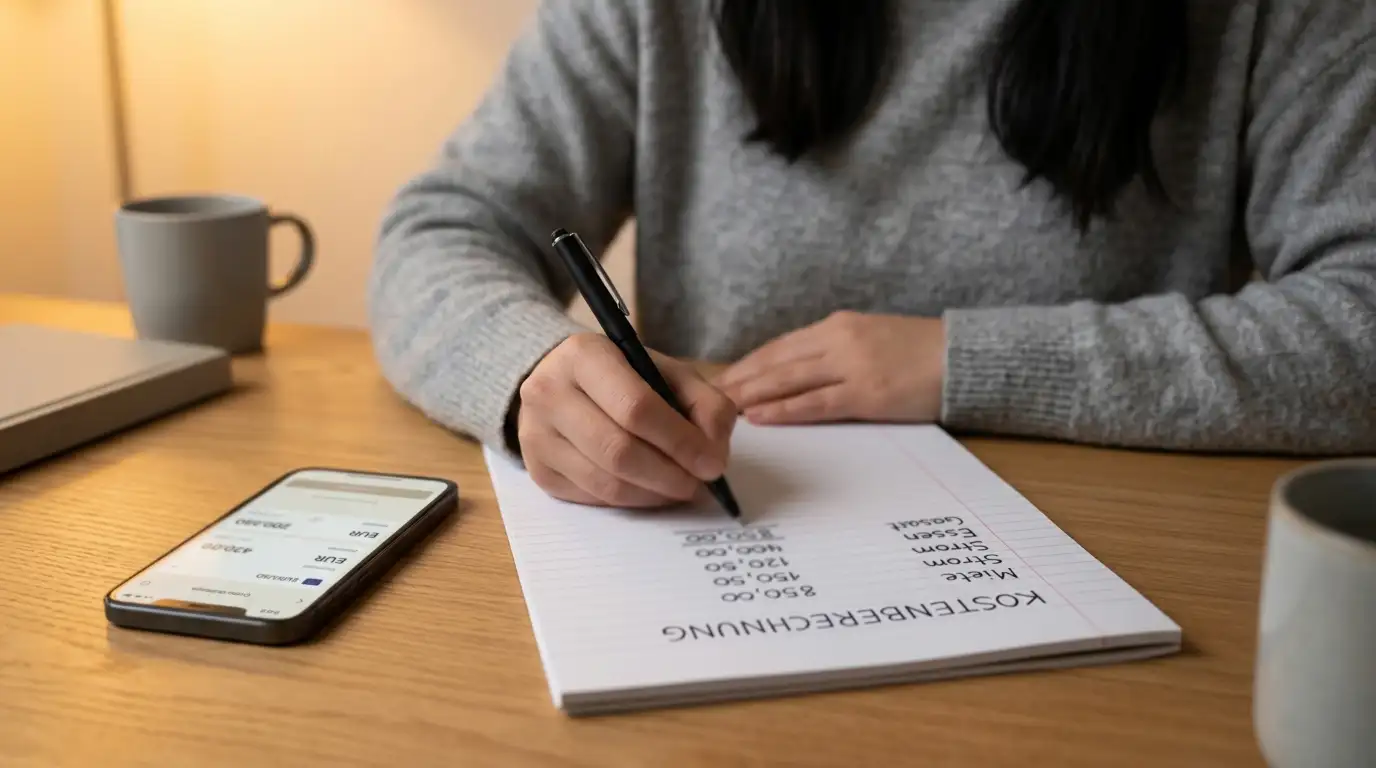 Handschriftliche Aufstellung von Gebühren und Wechselkurs bei einer USDT-Zahlung
