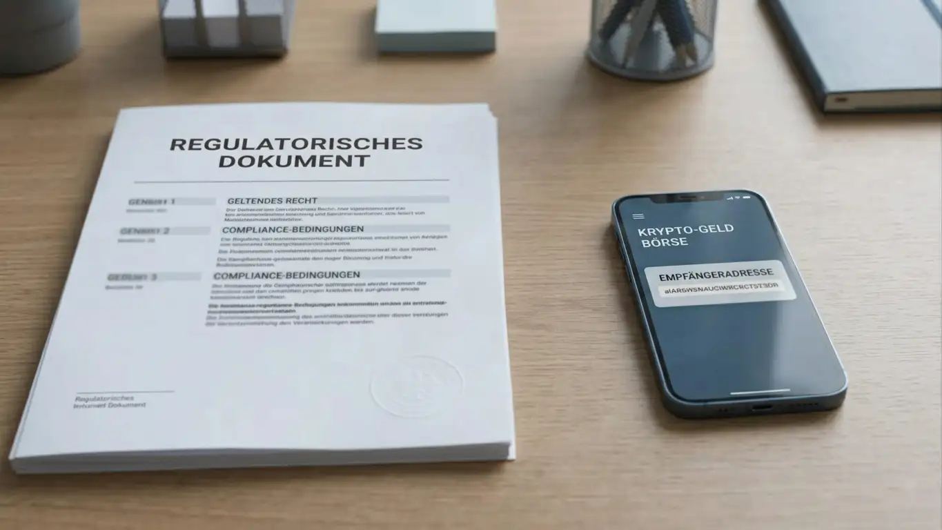 Deutsches Regulierungsdokument und eine Blockchain-Wallet nebeneinander auf einem Schreibtisch