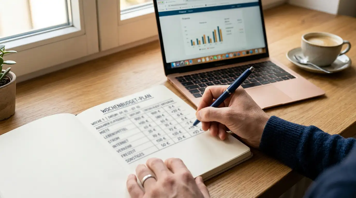 Person notiert Budget-Plan auf Notizbuch neben Laptop