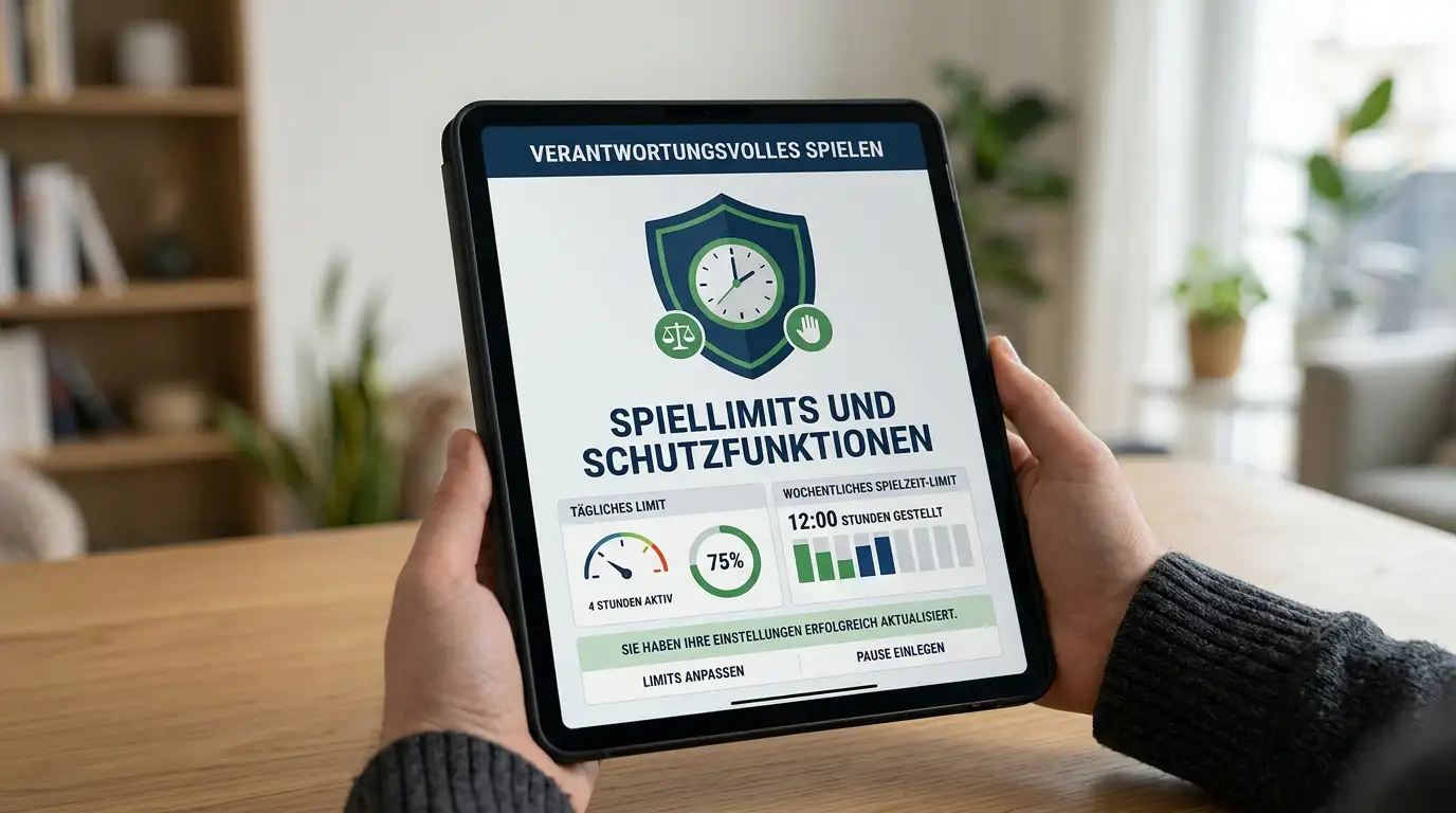 Verantwortungsvolles Spielen Symbol mit Schutzschild und Uhr auf Tablet