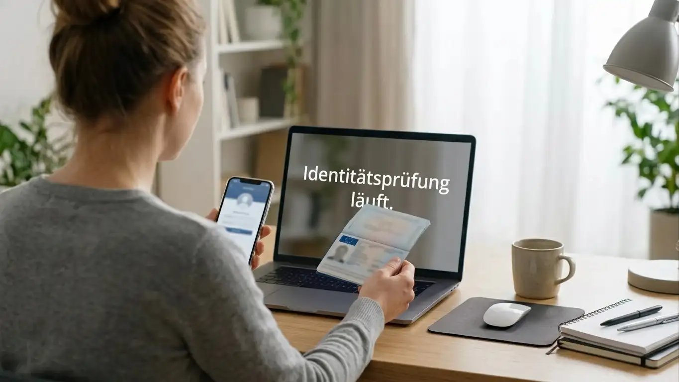 Person am Laptop bei der Identitätsprüfung mit Ausweis und Smartphone