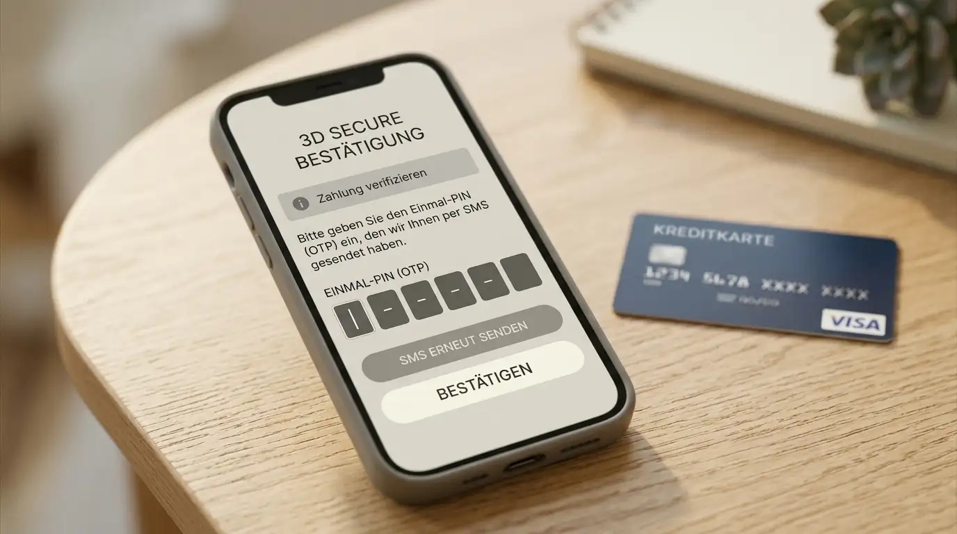 Smartphone mit 3D-Secure-Bestätigung und Visa-Karte auf Schreibtisch
