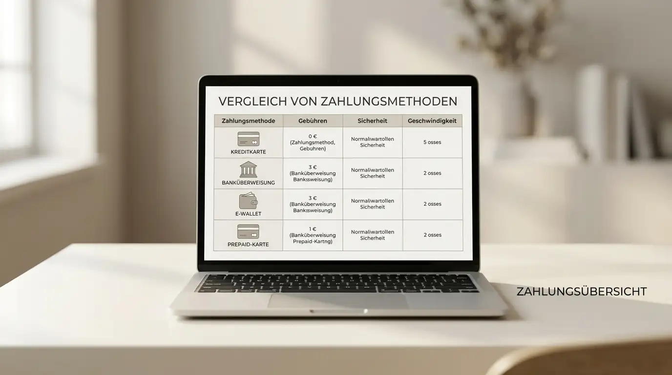 Vergleichstabelle verschiedener Zahlungsmethoden auf Laptop-Bildschirm