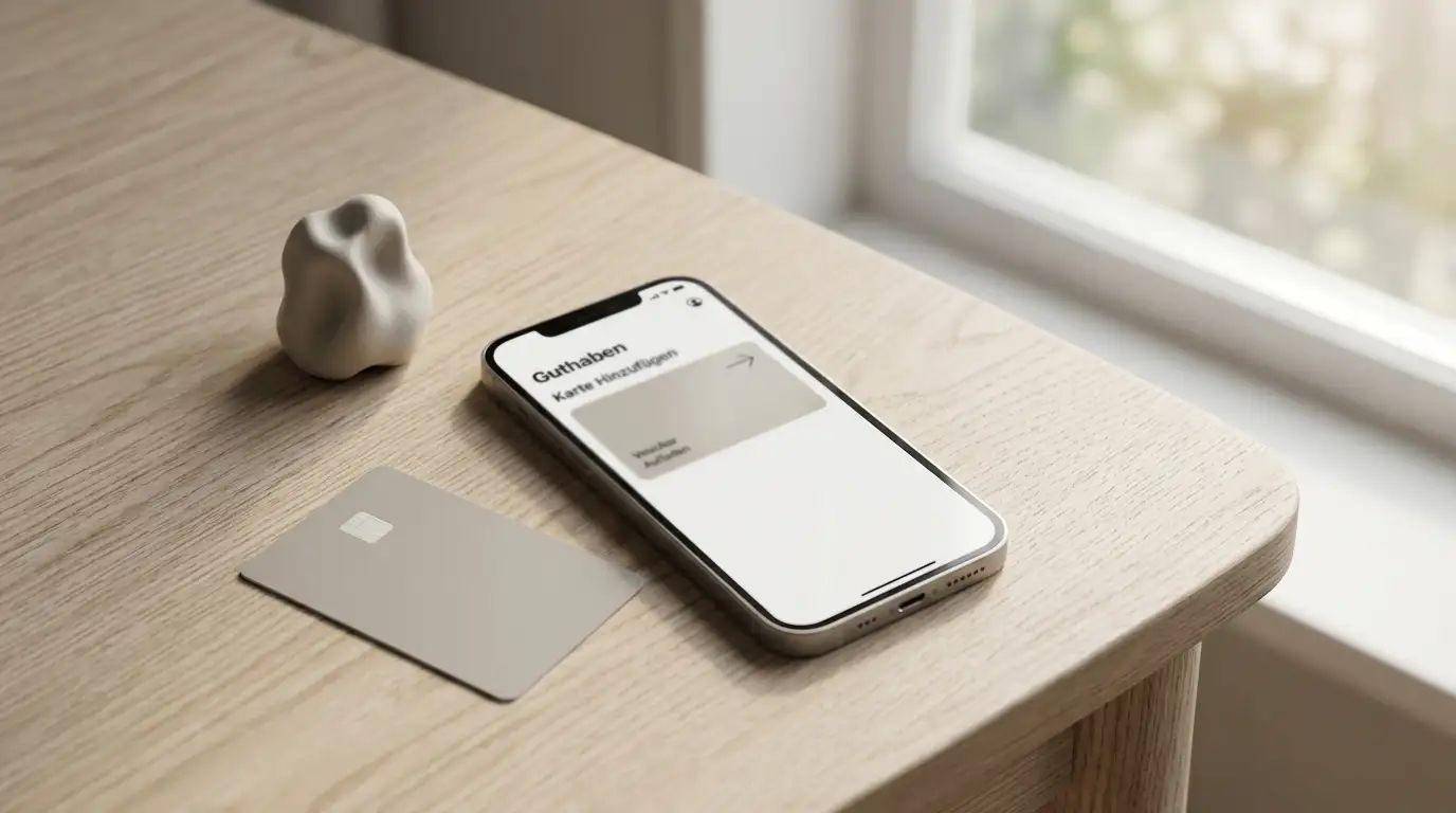 Prepaid-Gutschein und Smartphone mit neutraler Wallet-Oberfläche auf einem hellen Tisch