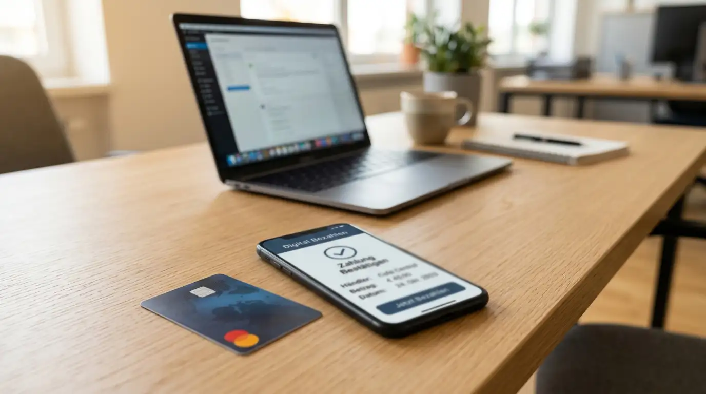 Smartphone mit Zahlungsinterface und Kreditkarte auf Schreibtisch