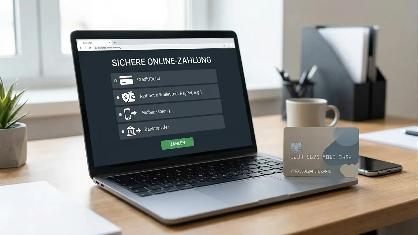 Laptop mit Zahlungsschnittstelle und abstrakten Payment-Symbolen, Prepaid-Karte daneben