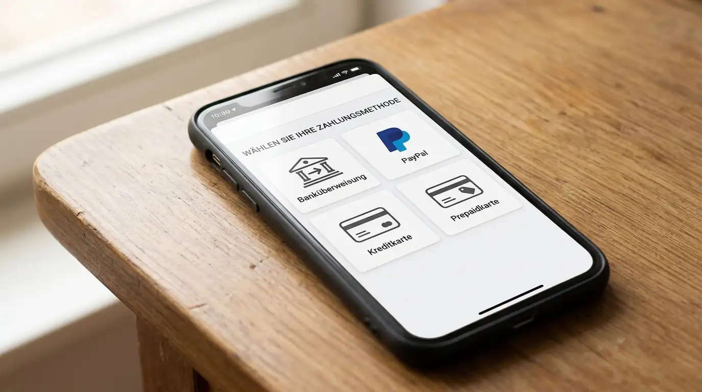 Smartphone-Screen mit verschiedenen Zahlungs-Icons: Banküberweisung, PayPal, Kreditkarte, Paysafecard