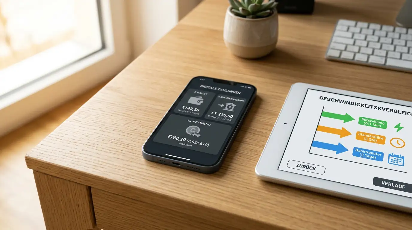 Smartphone mit verschiedenen Zahlungs-Apps, Krypto-Wallet und E-Wallet-Symbole sichtbar