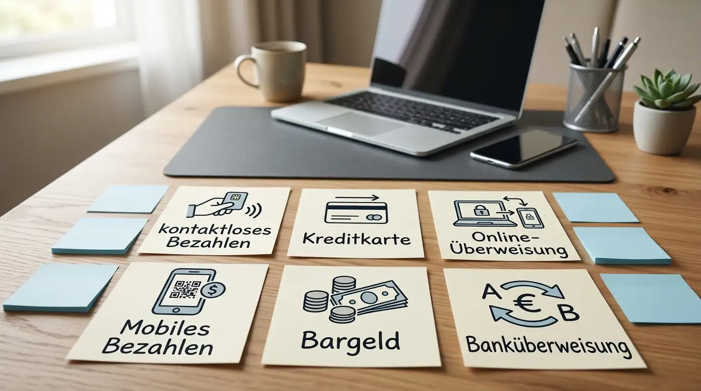 Schreibtisch mit Zahlungsmethoden-Icons auf Karten angeordnet